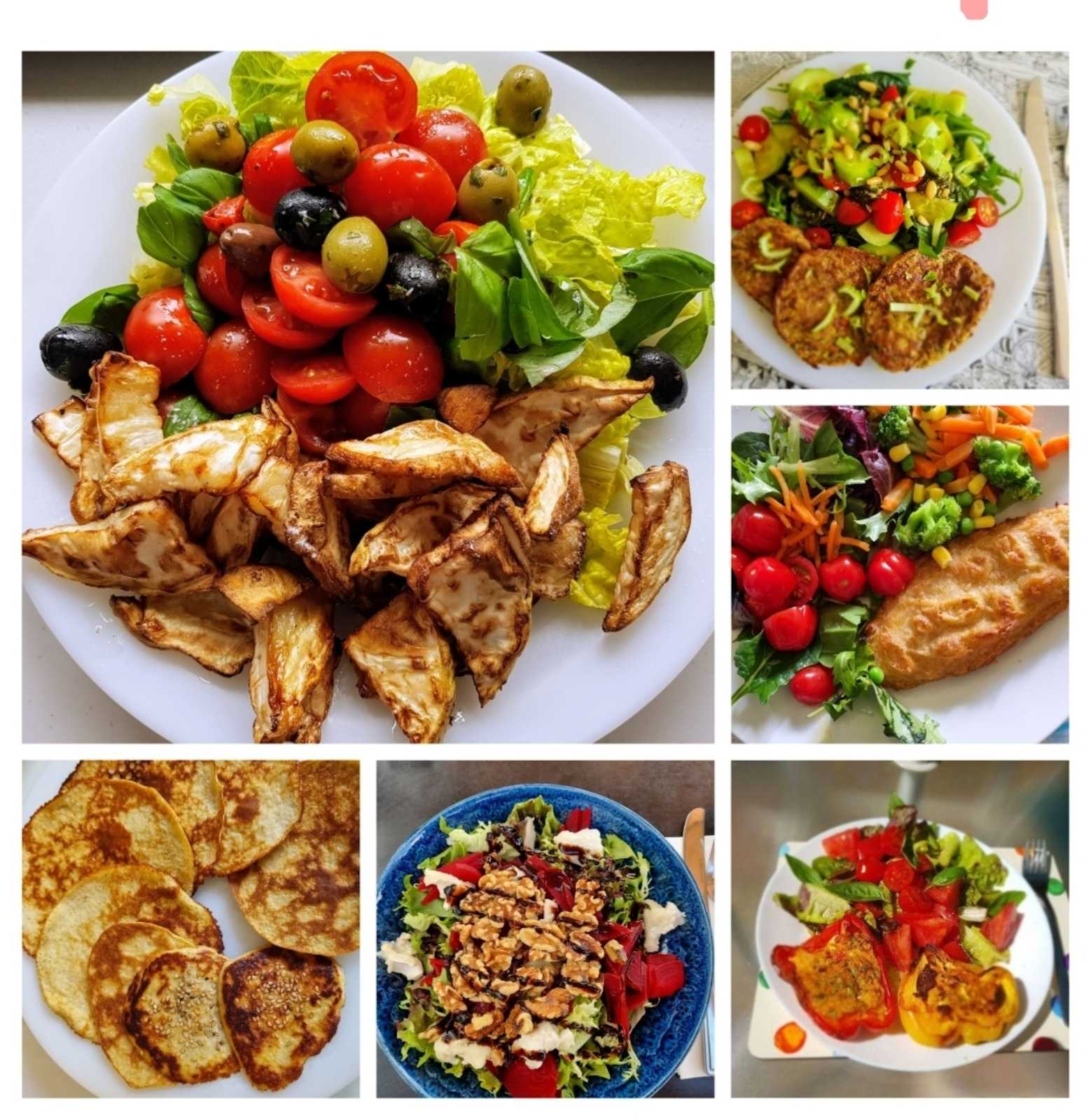 Колаж от вкусни ястия — салати, зеленчуци, протеин и здравословни гарнитури от менюто